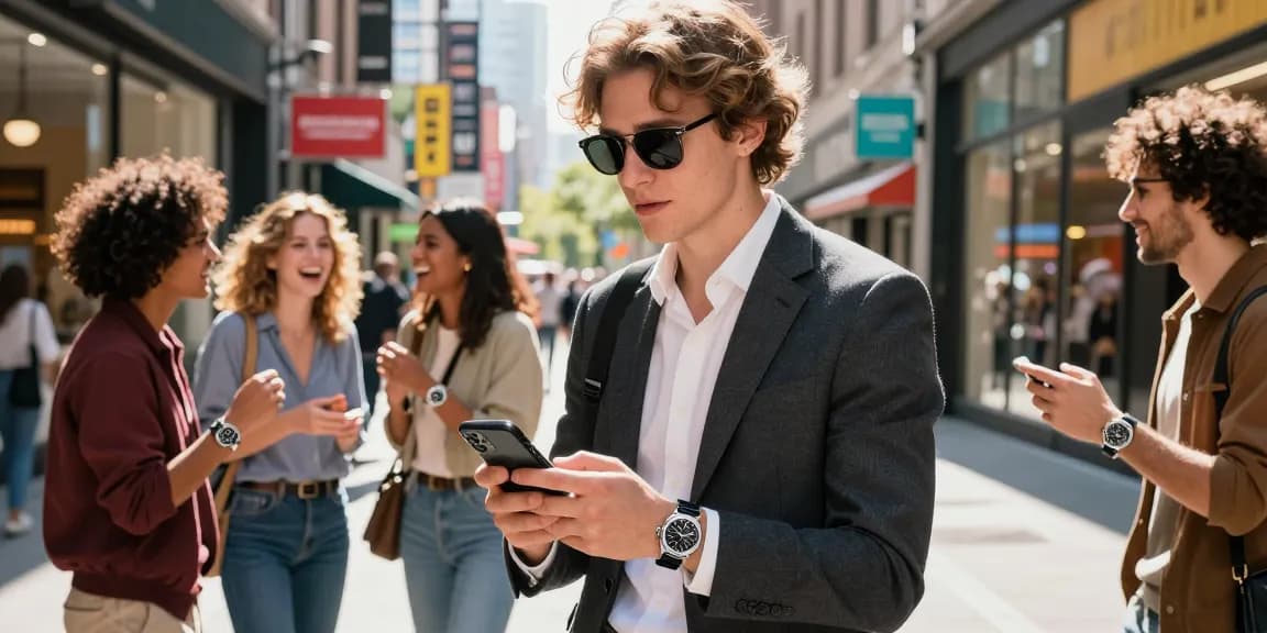Person showcasing a luxury clone watch while walking in a vibrant city, emphasizing style and sophistication.