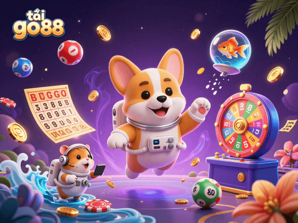 Engage with tải go88 in a vibrant casino scene featuring a floating corgi astronaut and rich game elements.