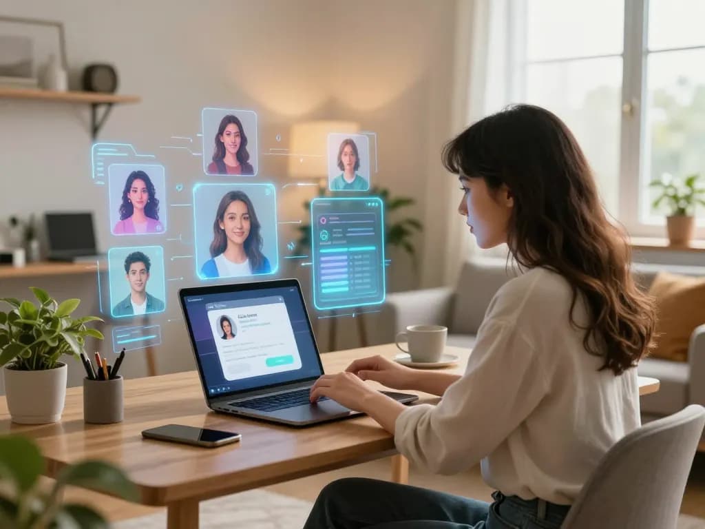 Engaging interaction with an AI girlfriend on a laptop in a cozy home office.