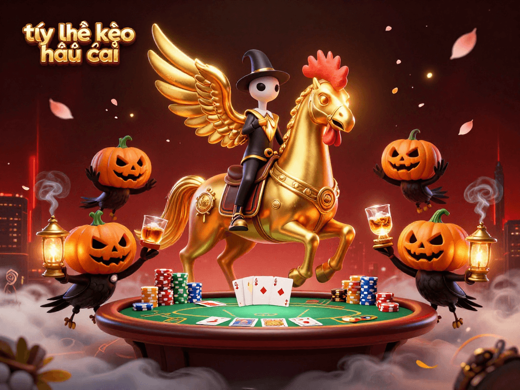 Engage with tỷ lệ kèo nhà cái in this vibrant casino scene featuring a golden rooster and poker elements.