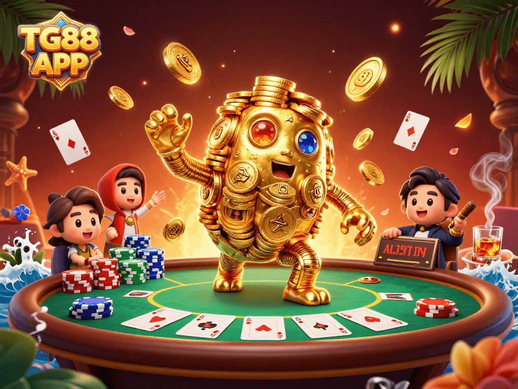 Experience TG88 APP action with the golden golem and poker scene, showcasing winning strategies and excitement.