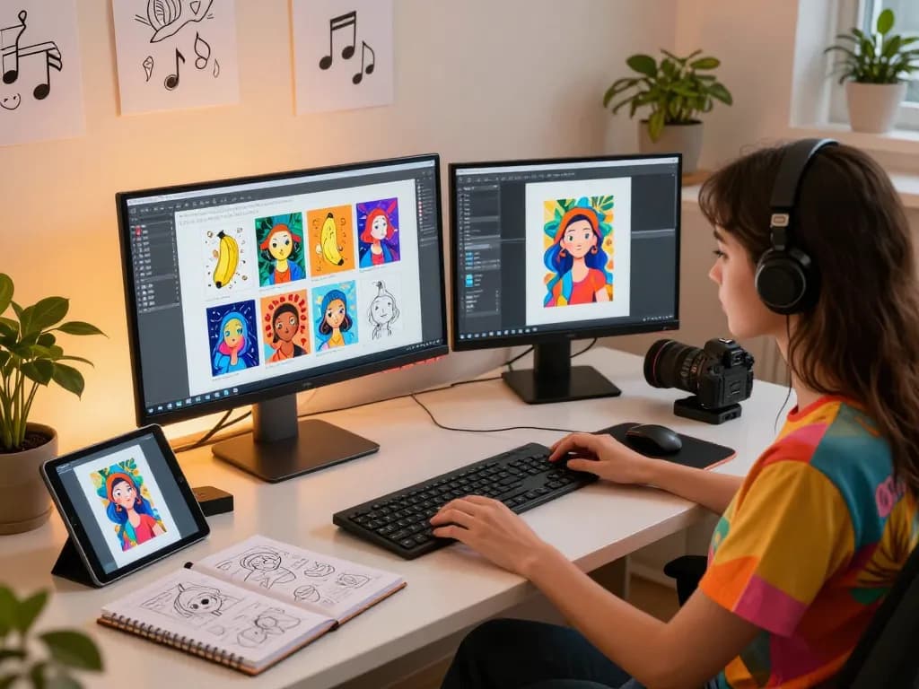 Artist using Nano Banana Flash AI image editor in a vibrant digital art studio.