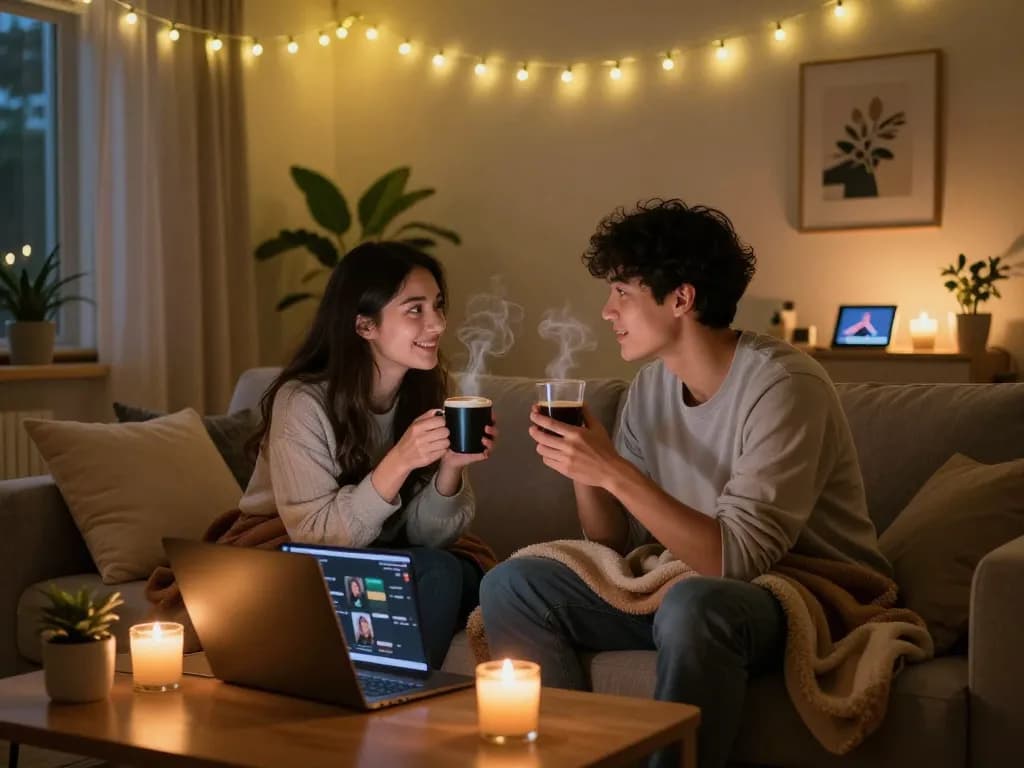 Engaged couple enjoying a sexchat in cozy, dimly-lit room with candles and laptop.