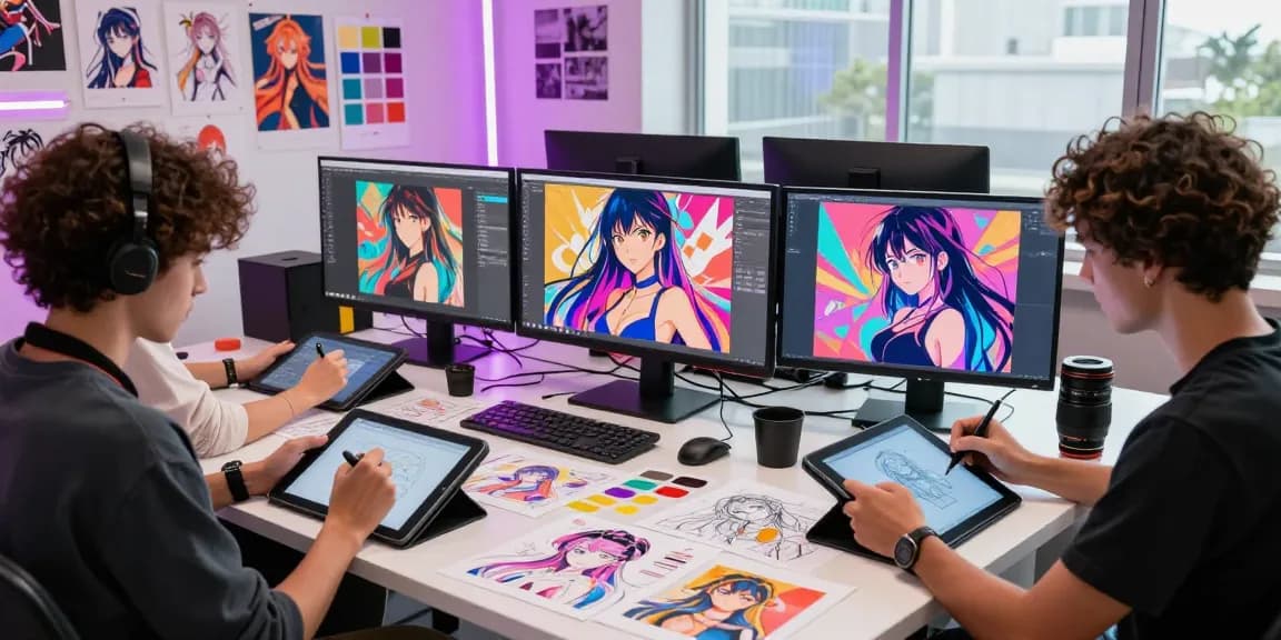 Artists collaborating on ecchi AI illustrations in a creative studio.