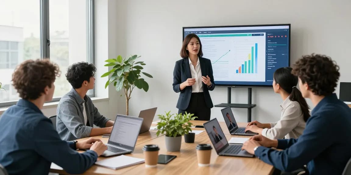 VoIP business phone system in a modern office with a diverse team collaborating
