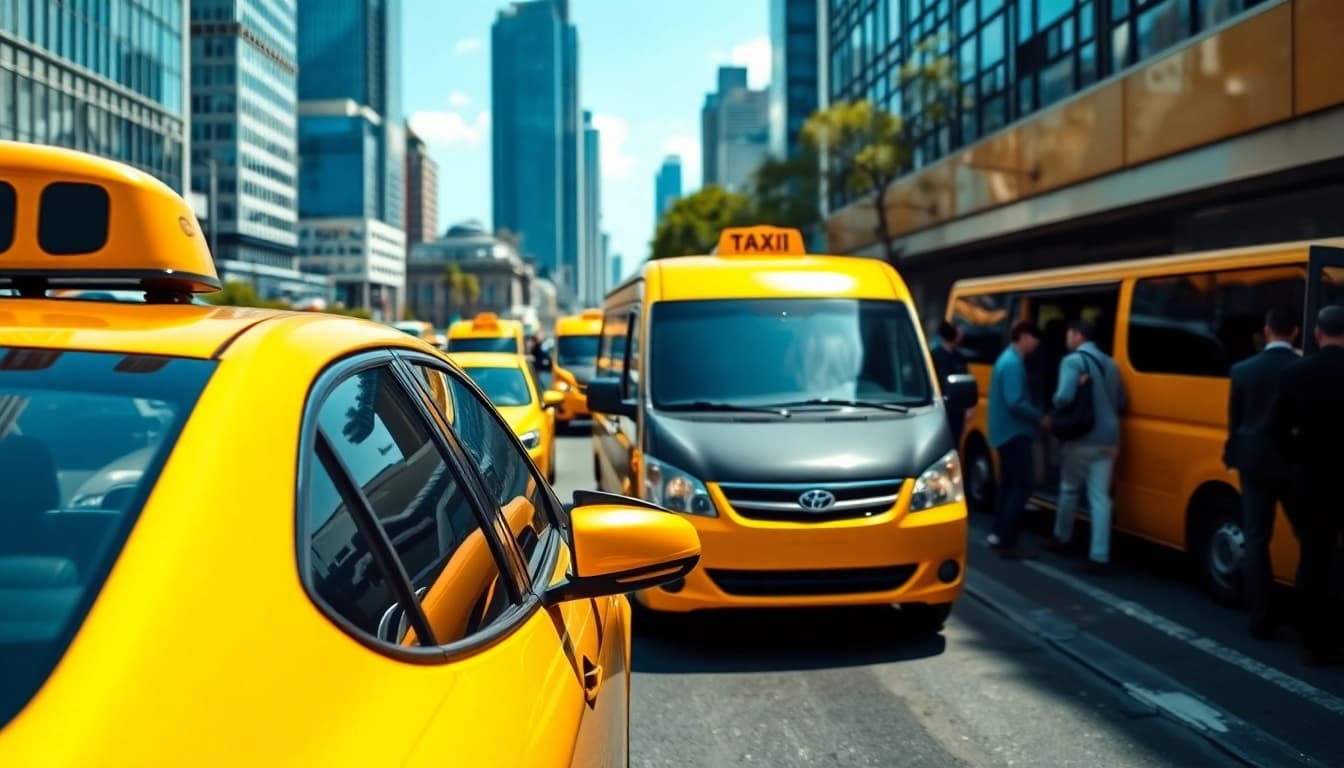 Taxis navigating a bustling city street, capturing the energy of urban transport.