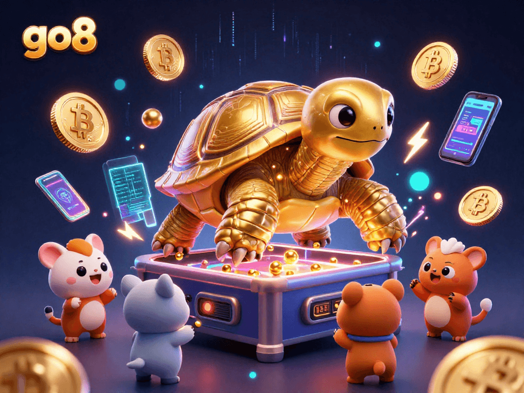Engage in vibrant gameplay at Go8 with a golden tortoise pinball and crypto coins.