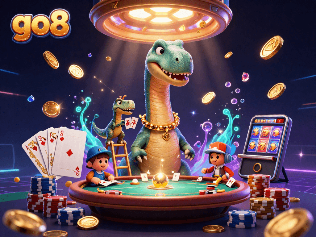 Experience thrilling games at go8, featuring dinosaurs in a vibrant 3D casino atmosphere.