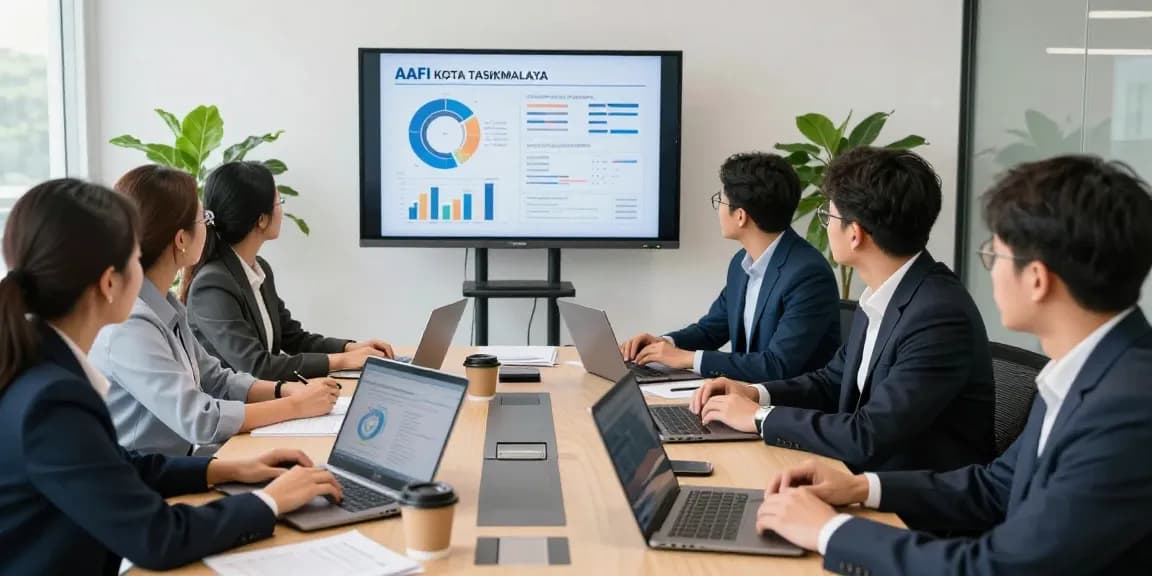 Team collaboration at AAFI KOTA TASIKMALAYA's strategic meeting, showcasing professional engagement and analytics.