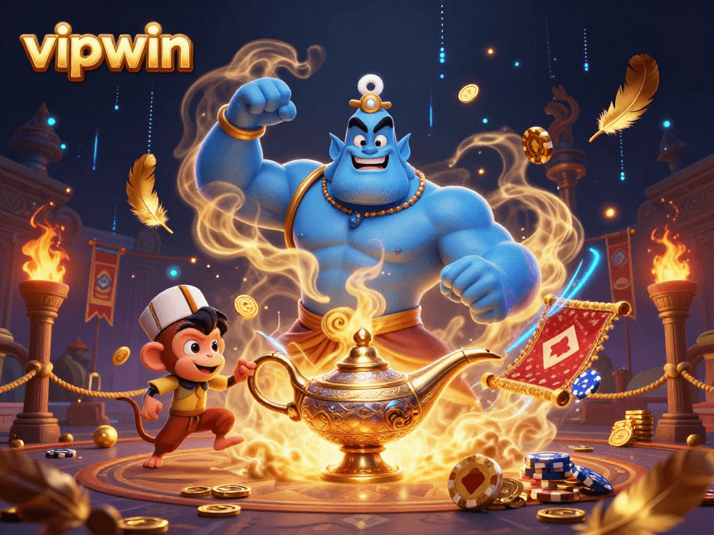 Experience exciting gaming at vipwin with this vibrant casino scene featuring a genie, monkey, and magic carpet.