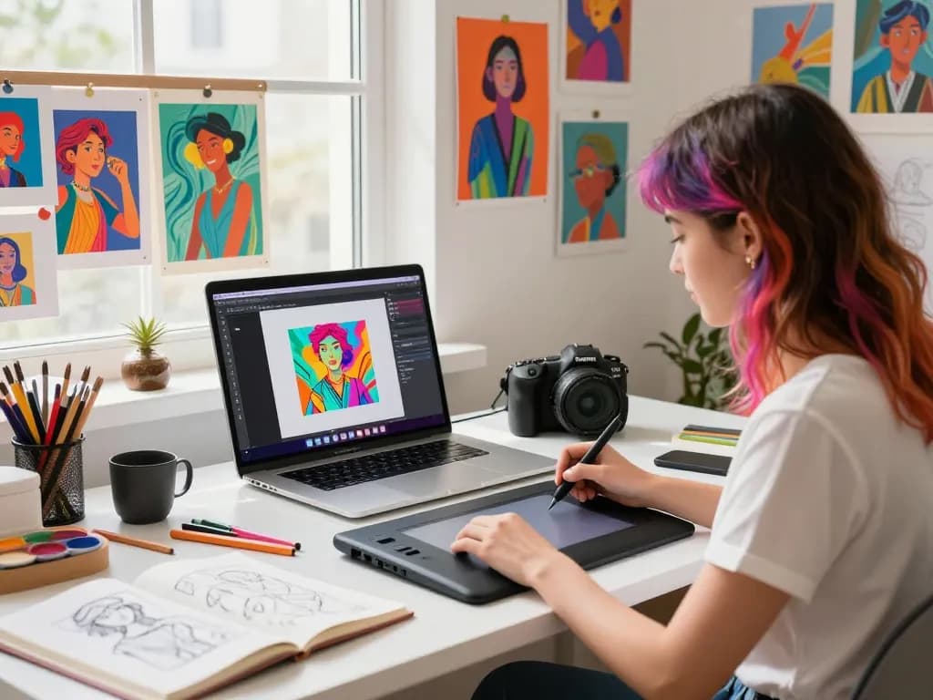 Digital artist using nano banana ai to create vibrant images in a modern workspace.