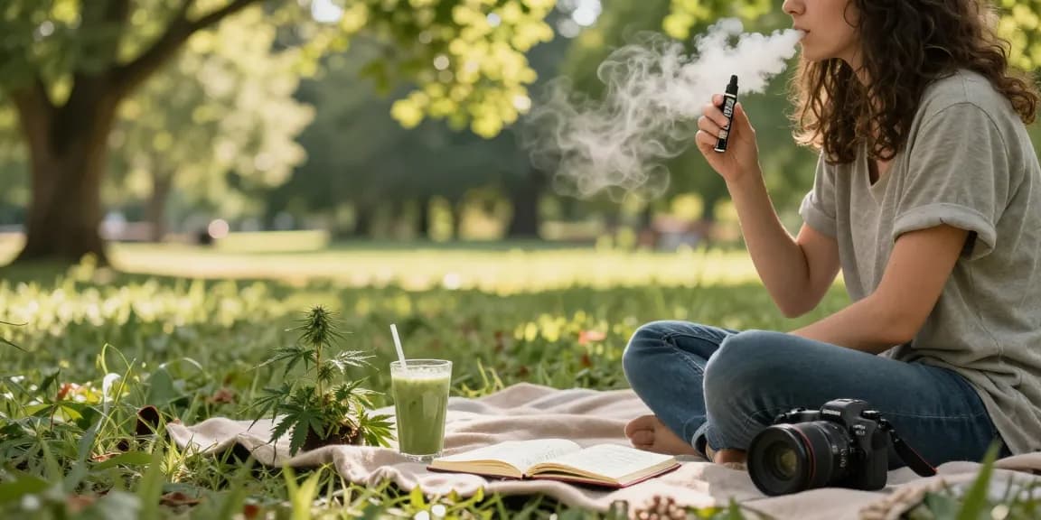 Enjoying a thc vape uk in a natural park setting, promoting organic wellness with hemp plants and vape device