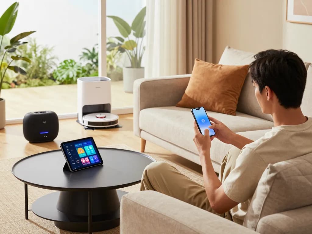 Tech gadgets for home in a modern living room with smart devices and a relaxed atmosphere.