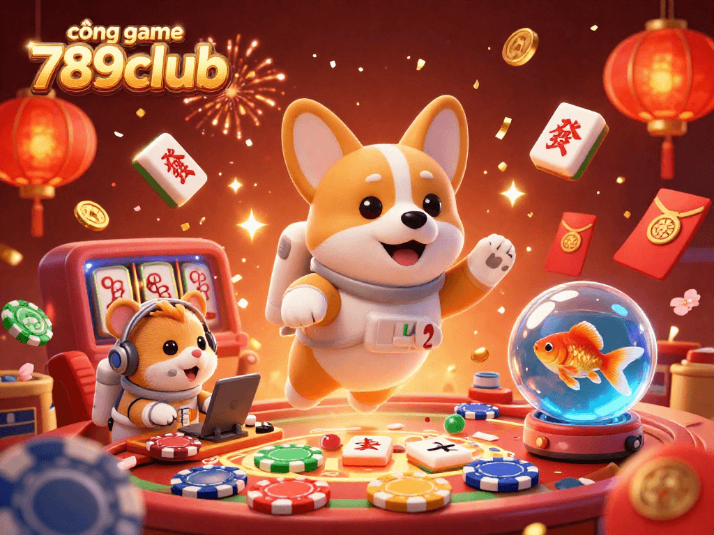 Experience fun at cổng game 789club with a vibrant casino scene featuring animated characters and lively game elements.
