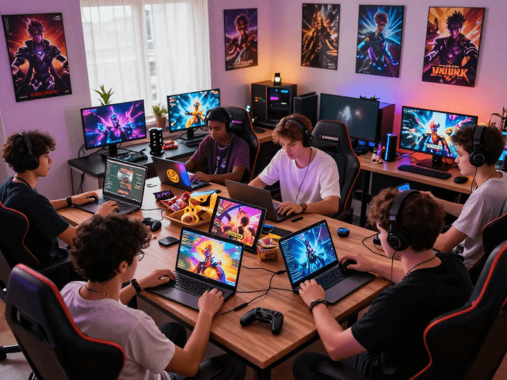 Engaged players enjoying popular porn games on various devices in a cozy gaming setting.