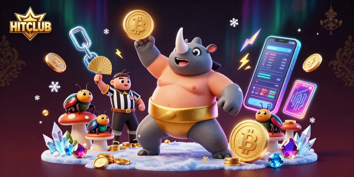 Experience the excitement of HITCLUB with a sumo champion beetle and crypto coins flying in this vibrant scene.