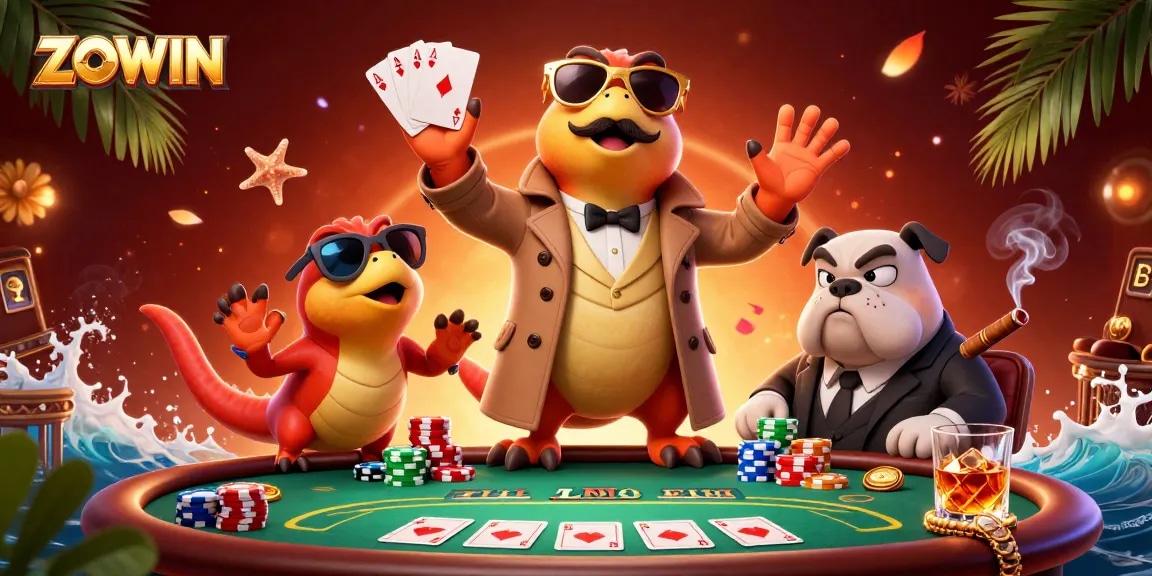 ZOWIN features three raptors in disguise trying to enter a casino, packed with poker elements and vibrant colors.