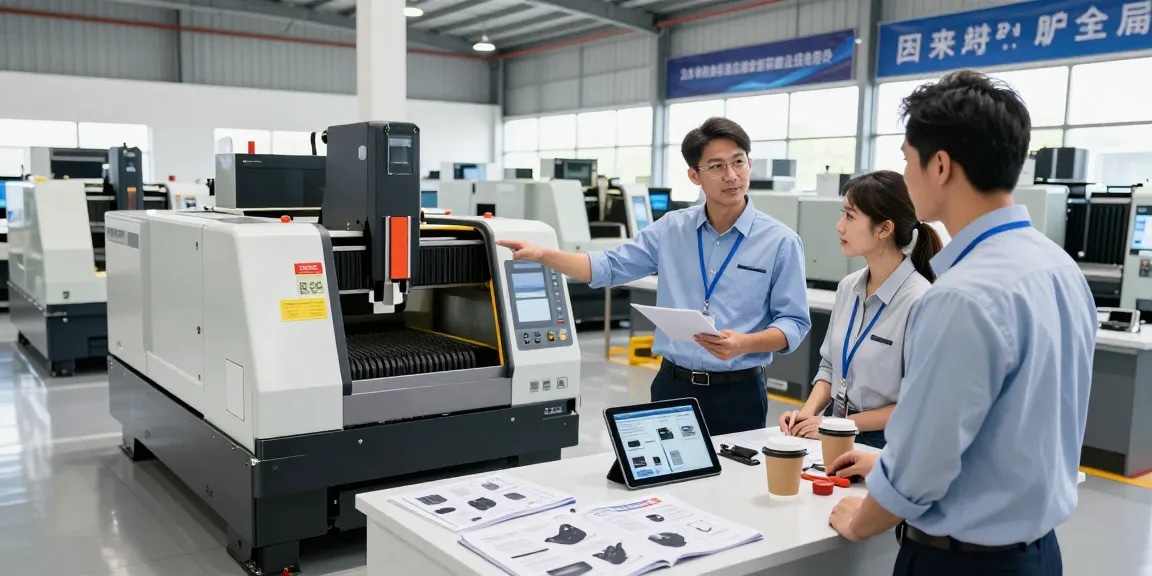 Team showcasing used machinery, highlighting Gebrauchtmaschinen in a bright showroom with CNC machines.