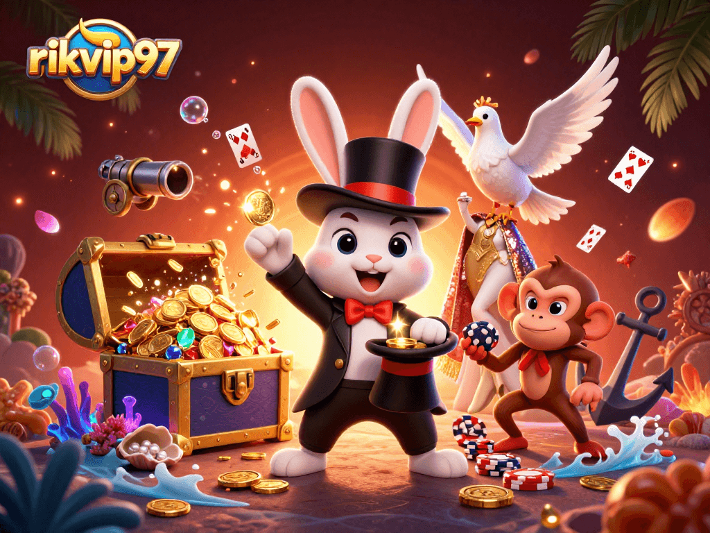 Experience magic at rikvip97 with a whimsical scene of a rabbit conjuring coins and card tricks.