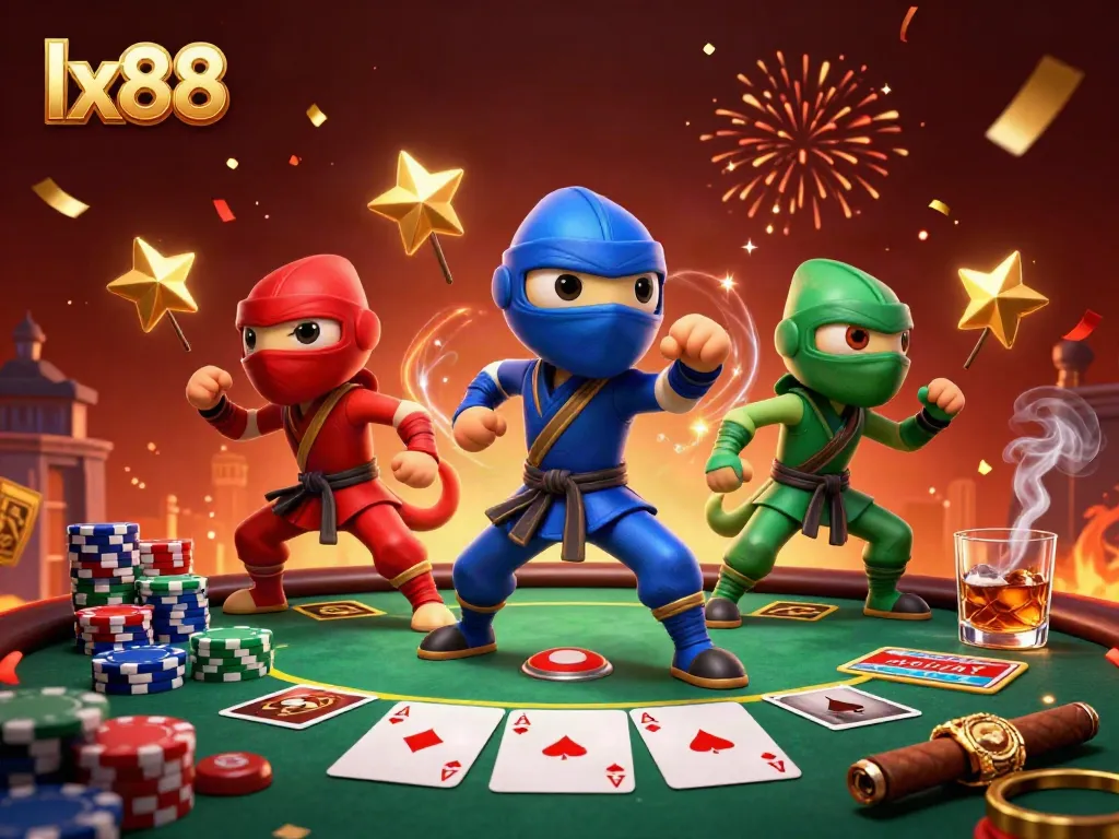 Engaging lx88 gaming scene with chameleon ninjas, poker chips, and festive fireworks.