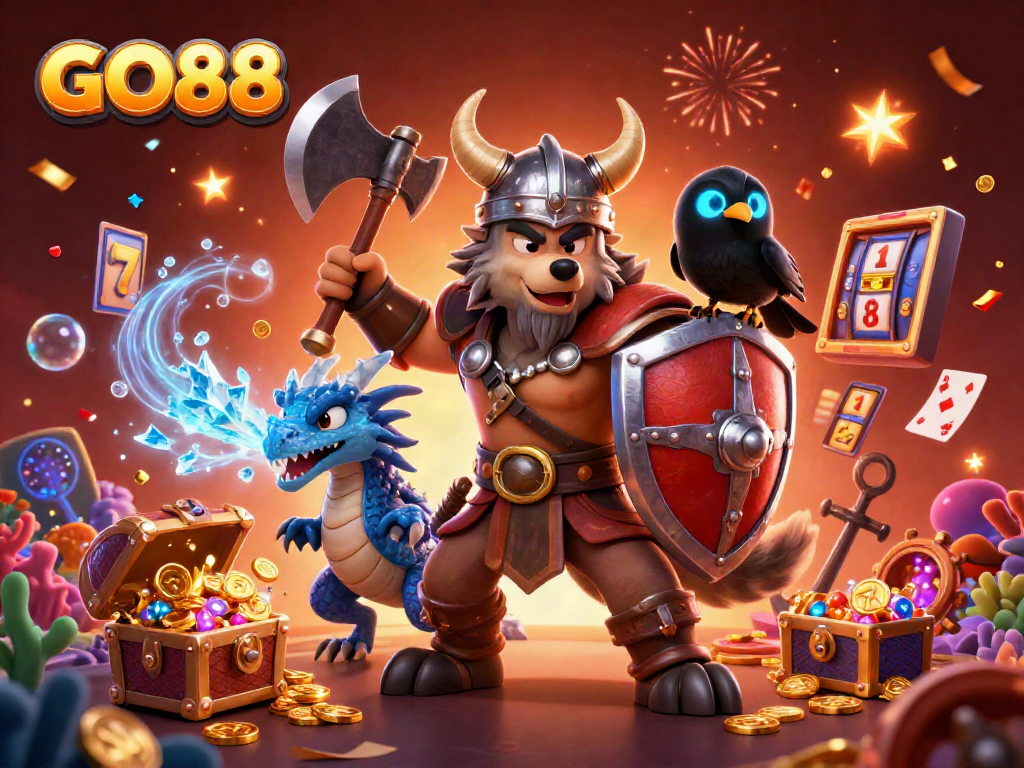 Experience the thrill with GO88 in this vibrant 3D casino illustration bursting with excitement and adventure.
