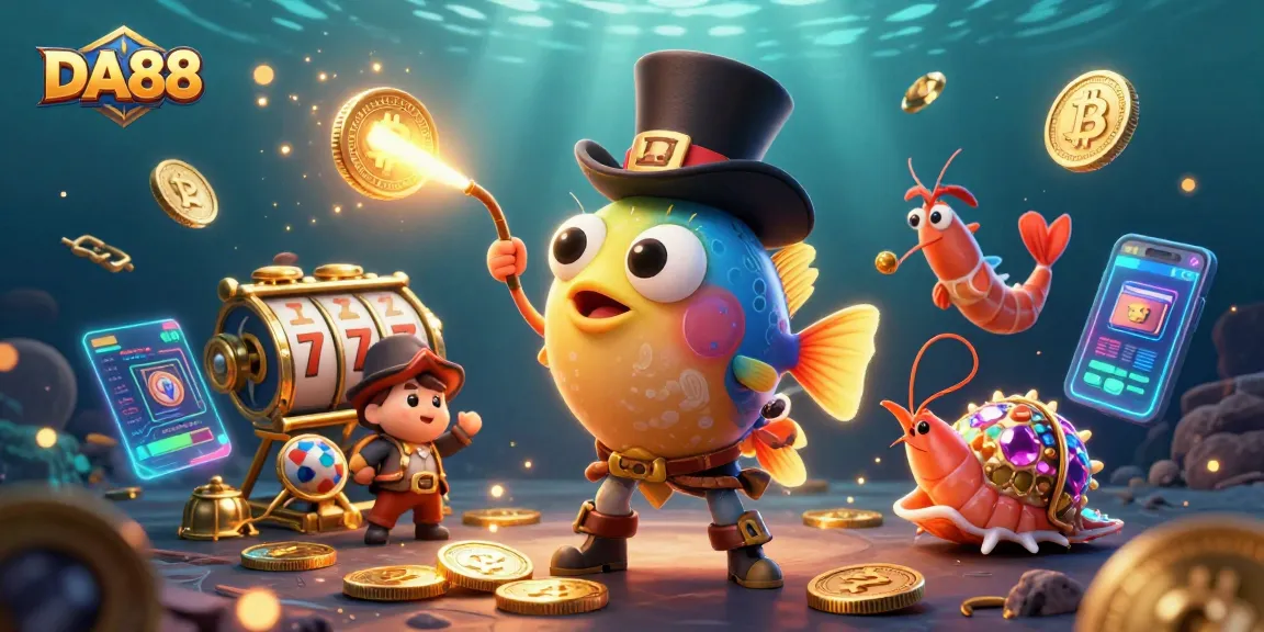 Engage with DA88 in this vibrant underwater casino scene with gold coins and slot reels.