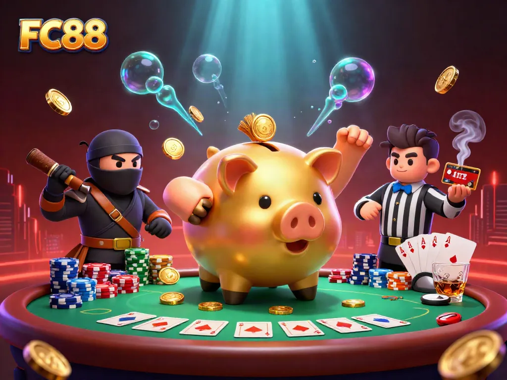 FC88 gaming scene with a golden piggy bank sumo wrestler and poker elements, capturing excitement.