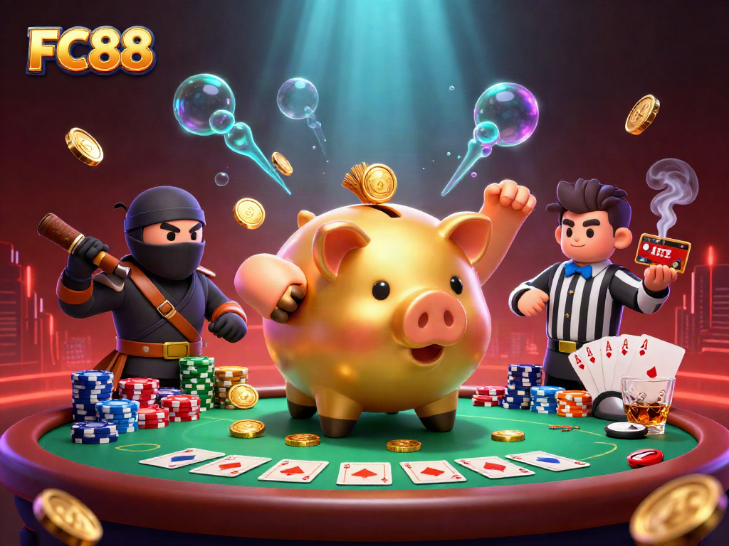 FC88 gaming scene with a golden piggy bank sumo wrestler and poker elements, capturing excitement.