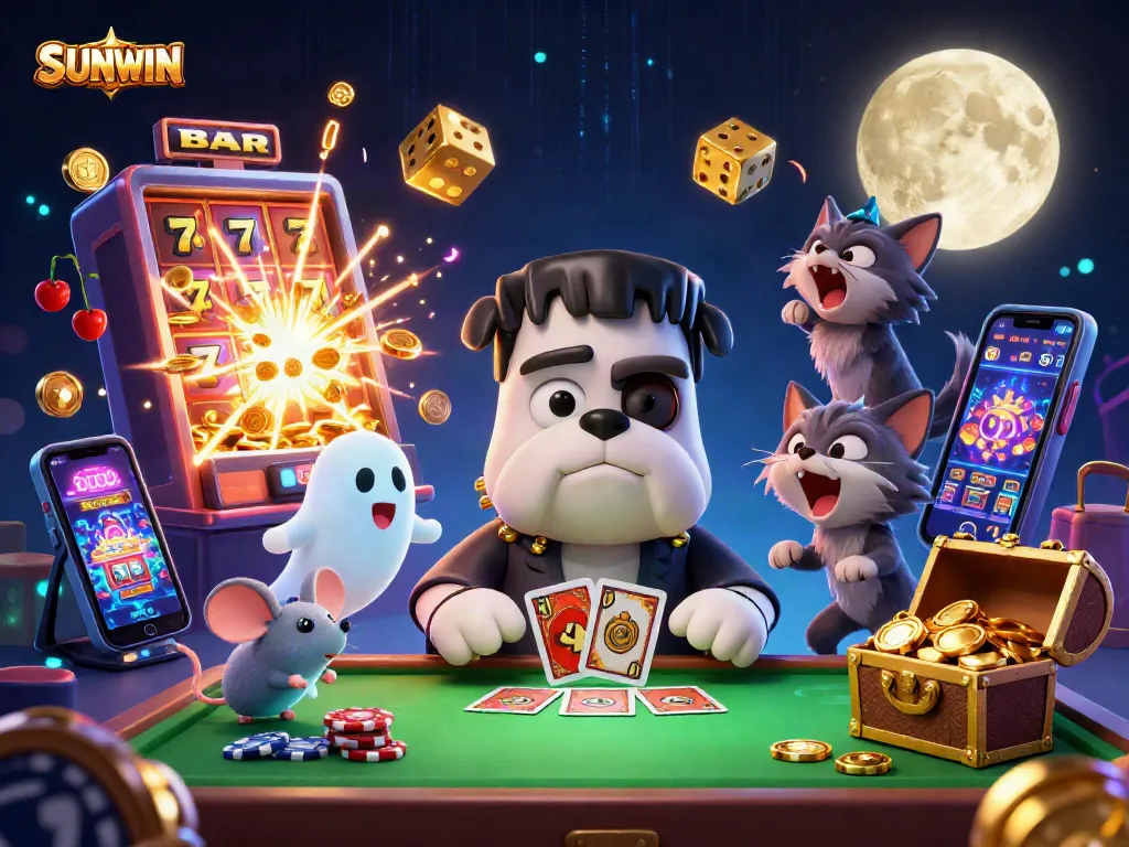 SUNWIN casino experience with a Frankenstein bulldog dealing cards and dynamic game elements