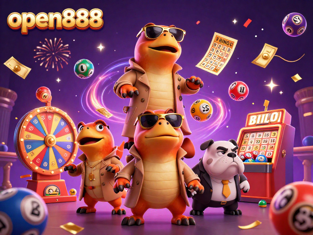 Engage in the excitement of open888 with colorful elements and playful raptors at a casino.