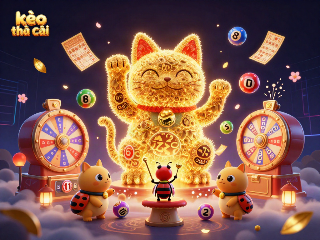 Experience kèo nhà cái excitement with a vibrant lucky cat surrounded by lively casino symbols and elements.