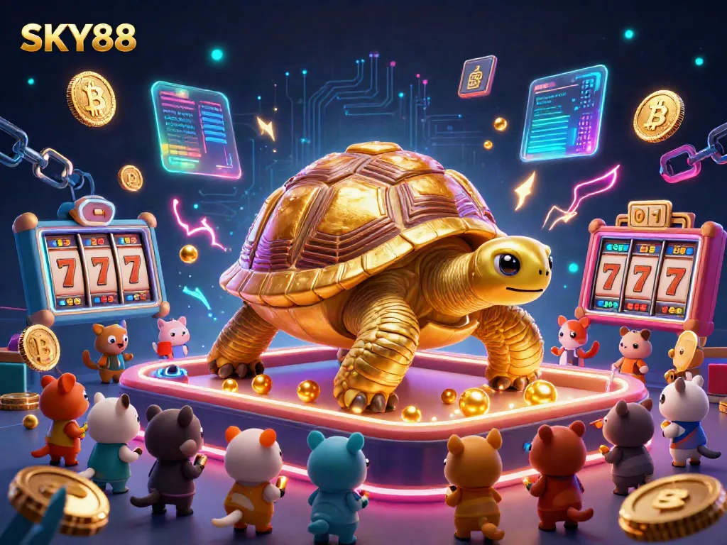 Experience exciting wins at SKY88 with vibrant gaming elements and a colossal tortoise pinball machine.