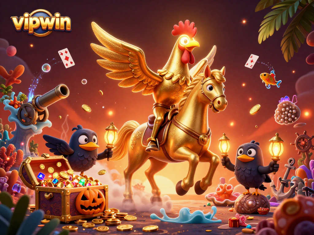 Win big with vipwin in a vibrant casino scene featuring treasure and whimsical characters.
