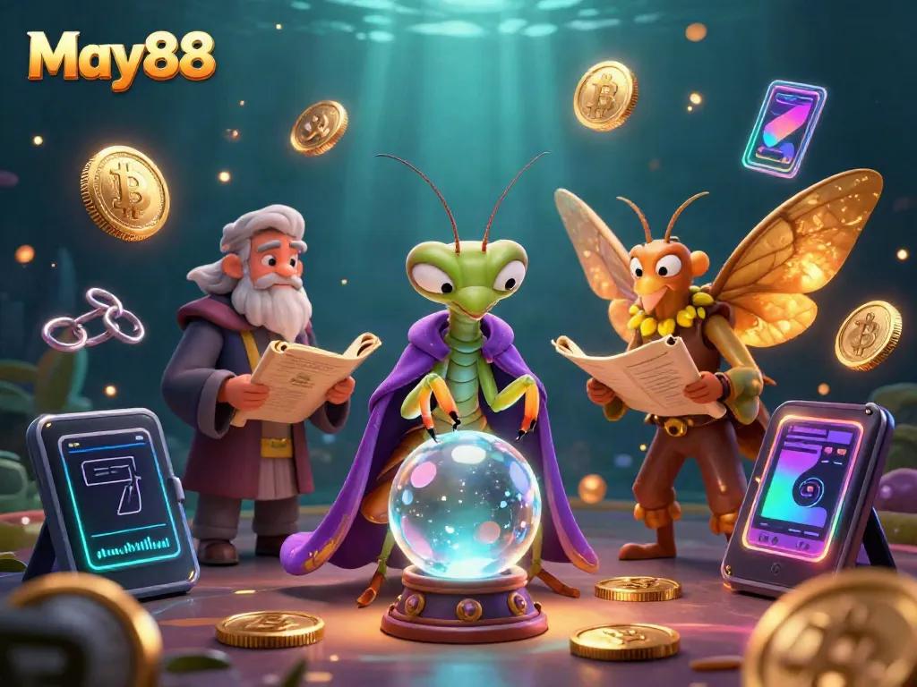 Engage with May88, an enchanting casino scene featuring a mystical fortune teller and gaming icons.