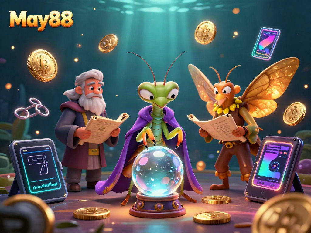 Engage with May88, an enchanting casino scene featuring a mystical fortune teller and gaming icons.