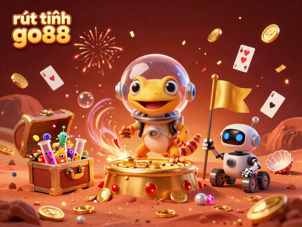 Experience rút tiền go88 with a dynamic 3D scene featuring a Martian gecko exploring a golden casino on Mars.