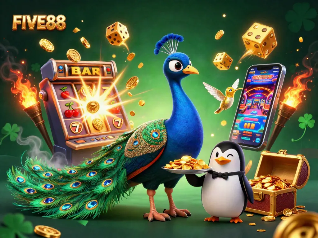 Experience the vibrant gaming atmosphere at FIVE88 with a stunning jackpot scene featuring a peacock and golden chips.