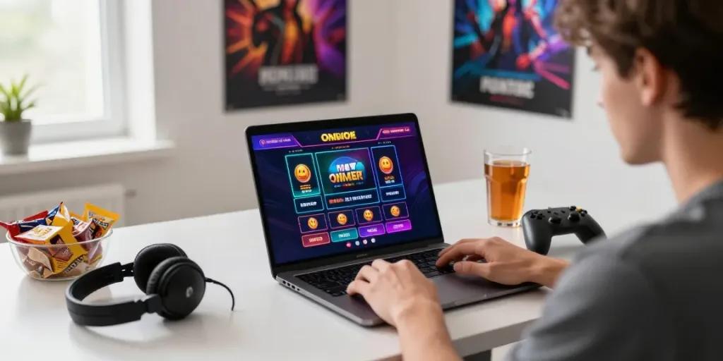 Person engaged in online gaming at a modern setup, exploring casinos not on GamStop.
