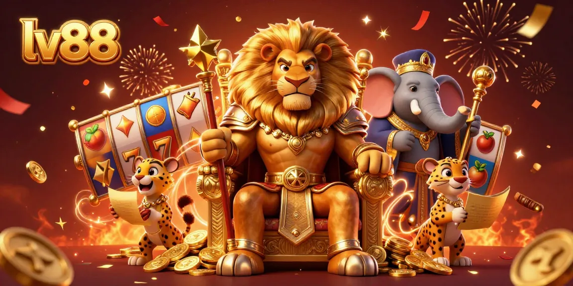 Engage with lv88's thrilling gaming experience featuring a lion king on a throne among vibrant slots.