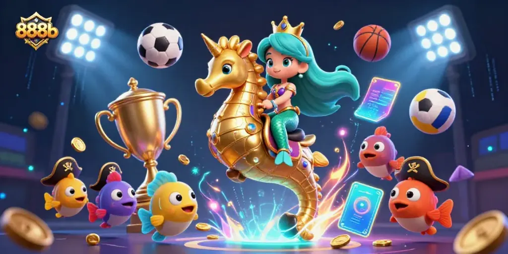 Engage with 888b's vibrant casino world featuring a mermaid and seahorse celebrating sports betting.