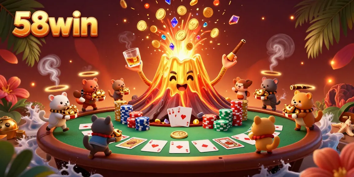 Experience the thrill of 58win with a triumphant volcano amid poker excitement and treasure-filled adventures.