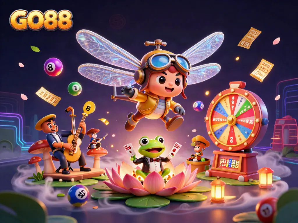 Experience GO88 through a vibrant scene of dynamic gambling activities featuring colorful characters and exciting games.