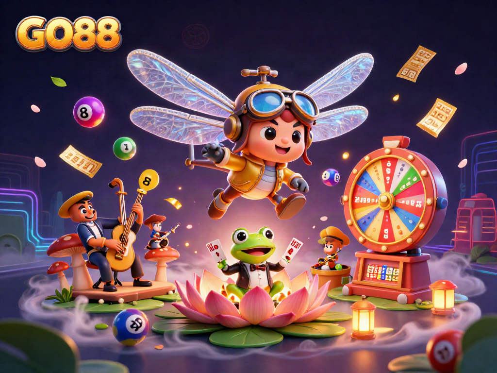Experience GO88 through a vibrant scene of dynamic gambling activities featuring colorful characters and exciting games.