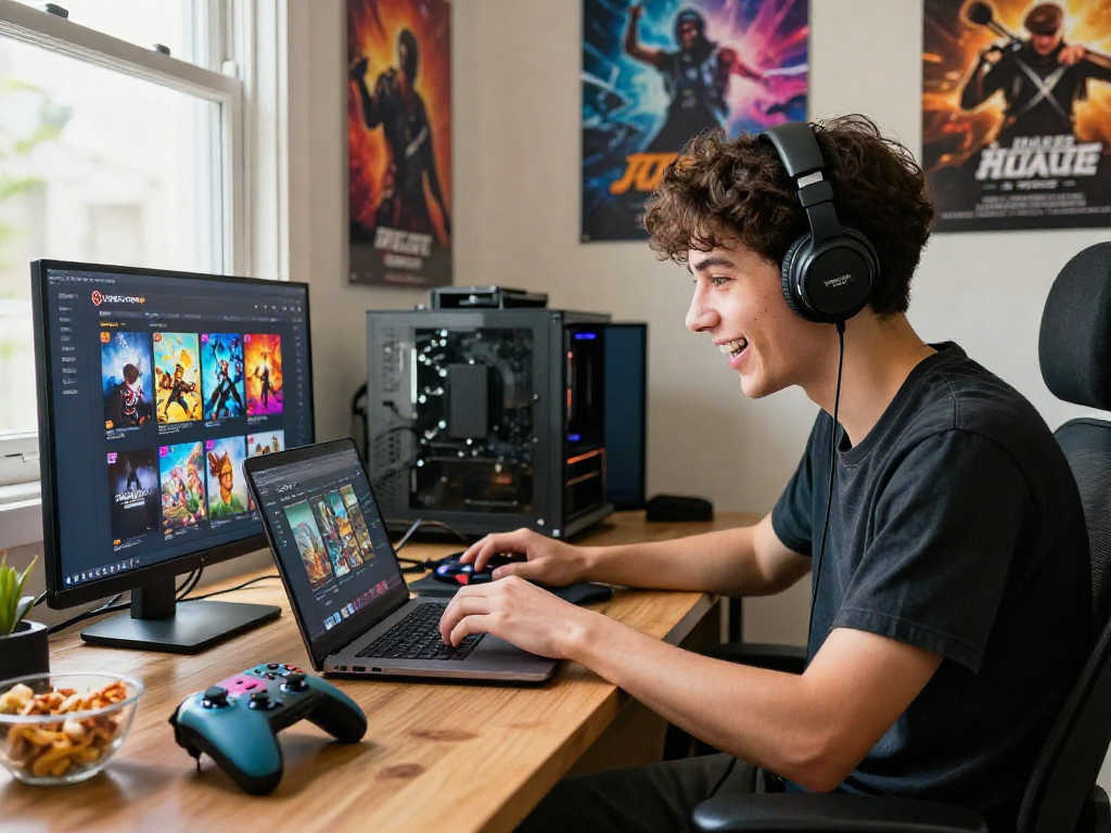 Gamer exploring rokok 88 game titles at a cozy gaming setup with vibrant posters.