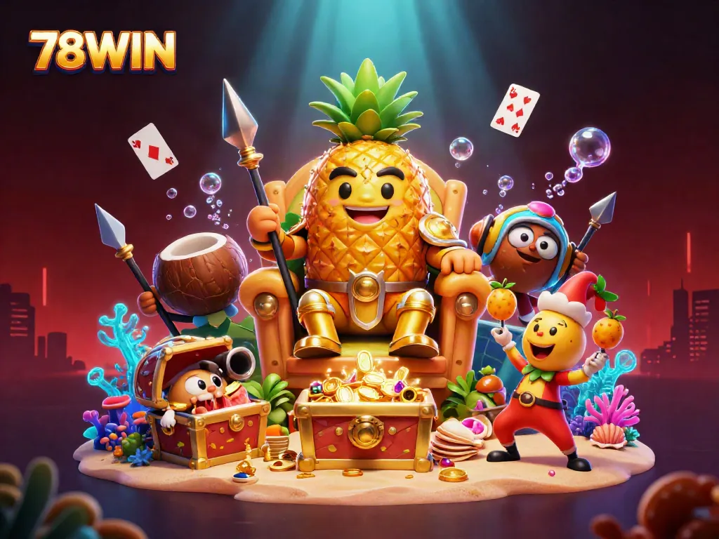78WIN casino illustration showcasing a golden pineapple king and animated characters in a vibrant beach setting.