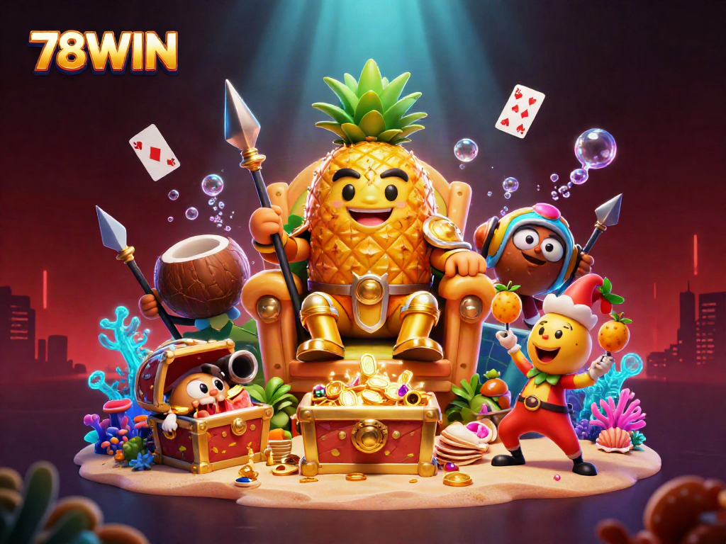 78WIN casino illustration showcasing a golden pineapple king and animated characters in a vibrant beach setting.