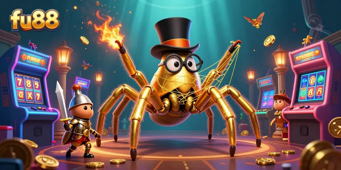 Experience thrilling adventures at fu88 with a vibrant casino scene featuring a giant tarantula weaving gold.