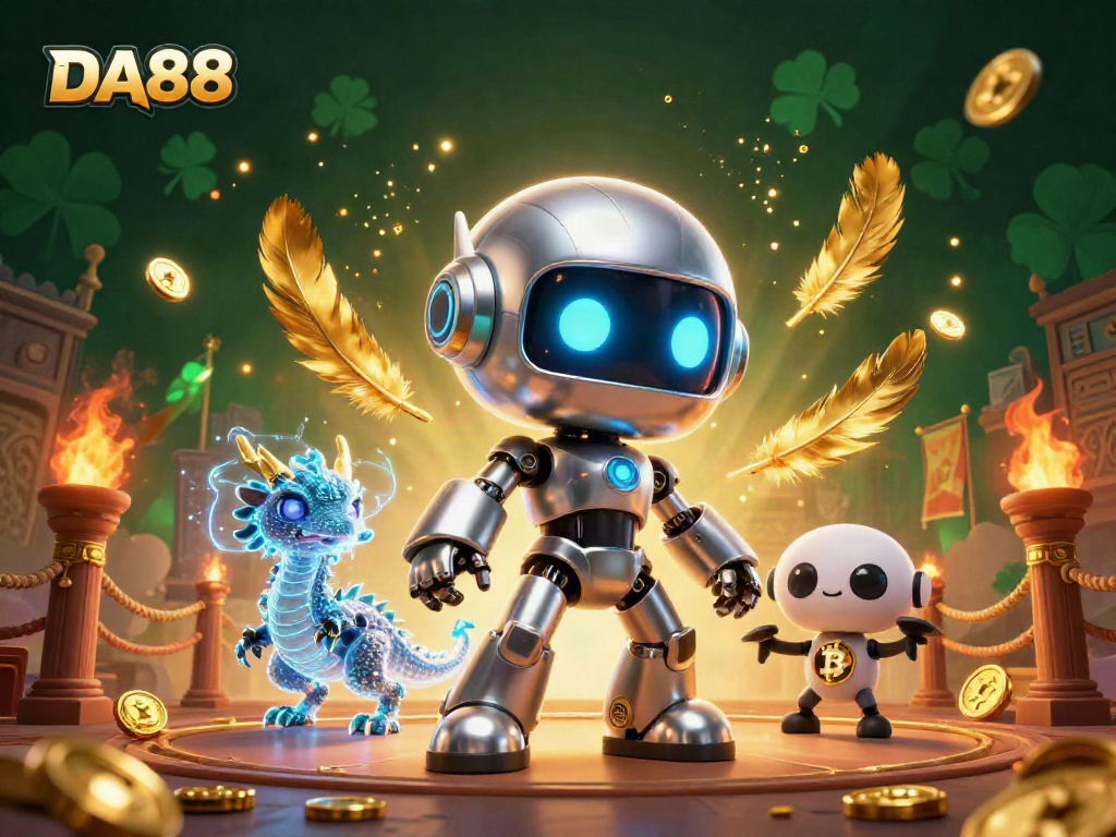 Experience DA88 excitement with a vibrant 3D casino scene showcasing cyberpunk characters and gaming elements.