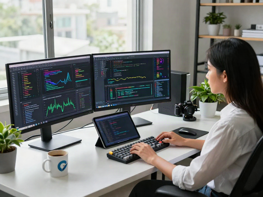 Data scientist engaging with juicy ai at a modern workspace with multiple monitors and innovative technology.