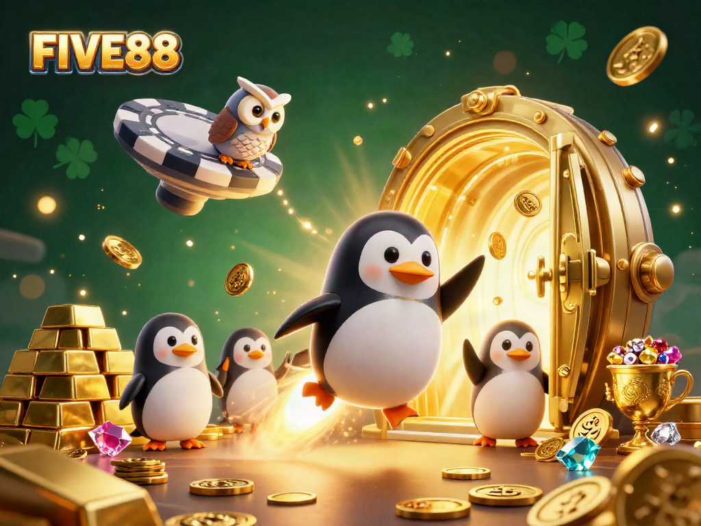 FIVE88 showcases a golden penguin racing to a casino station amidst treasure in 3D illustration.